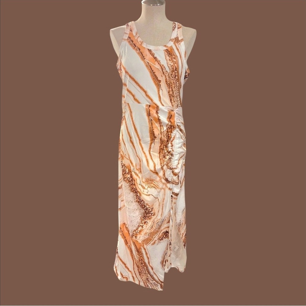 CHICME Women's XL Marble Print‎ Sleeveless Ruched Midi Dress Brown White Ribbed